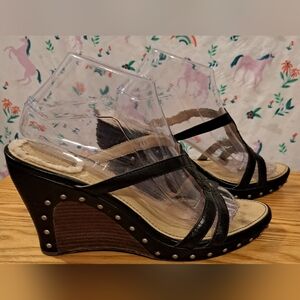 Ugg Lourdes Black Leather Boho Neutral Casual Summer Wedge Sandal Shoe SZ 8.5